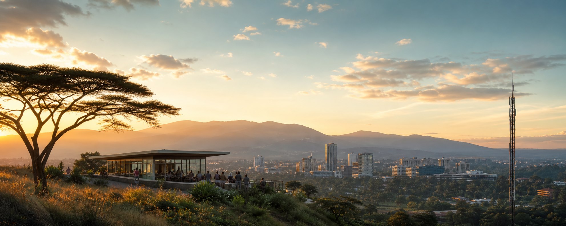 A bright sunrise over Nairobi with an acacia tree, modern workspace, city skyline, and communications tower